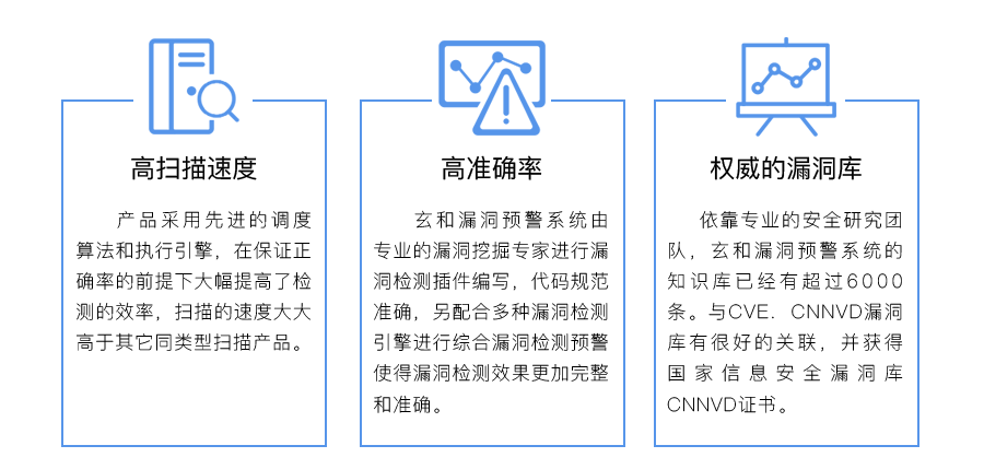 产品优势：高扫描速度、高准确率、权威的漏洞库。