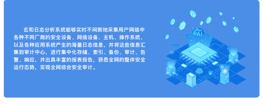 玄和日志分析系统能够实时不间断地采集用户网络中各种不同厂商的安全设备、网络设备、主机、操作系统、以及各种应用系统产生的海量日志信息，并将这些信息汇集到审计中心，进行集中化存储、索引、备份、审计、告警、响应，并出具丰富的报表报告，获悉全网的整体安全运行态势，实现全网综合安全审计。