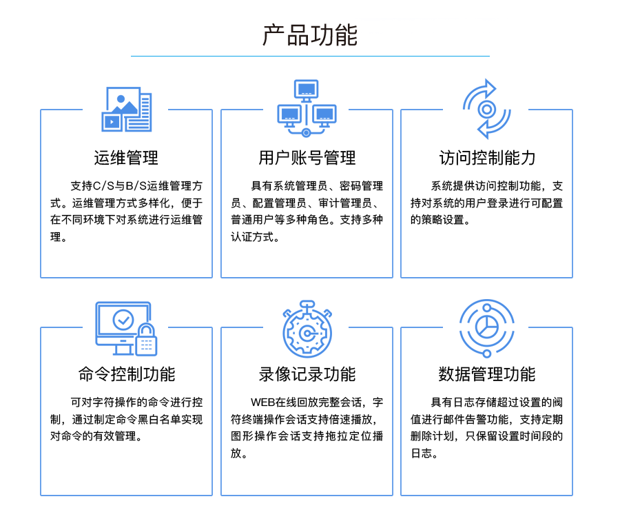 产品功能：运维管理、用户账号管理、访问控制能力、命令控制功能、录像记录功能、数据管理功能。