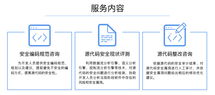 服务内容：安全编码规范咨询、源代码安全现状评测、源代码整改咨询。