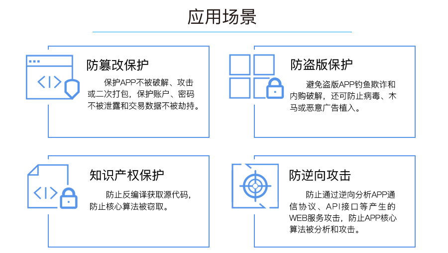 应用场景：防篡改保护、防盗版保护、知识产权保护、防逆向攻击。