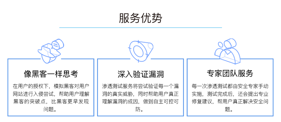 服务优势：像黑客一样思考、深入验证漏洞、专家团队服务。