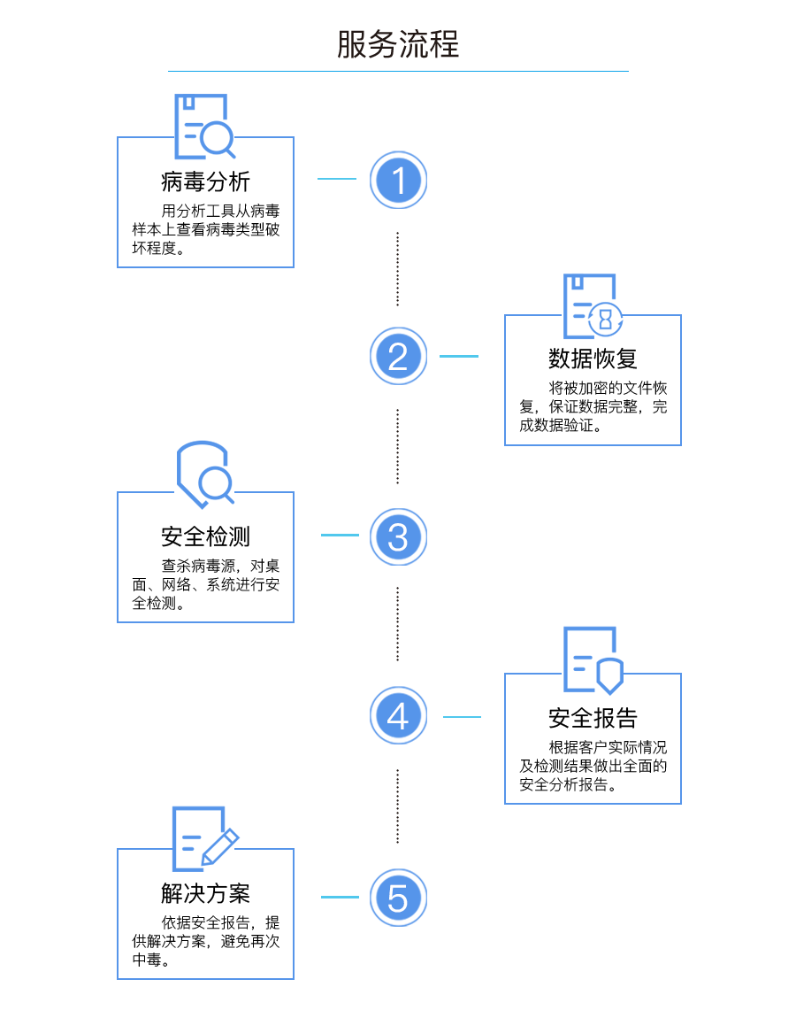 服务流程：病毒分析、数据恢复、安全检测、安全报告、解决方案。