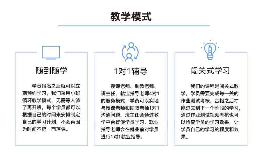 教学模式：随到随学、1对1辅导、闯关式学习。