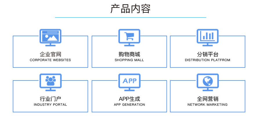 产品内容:企业官网、购物商城、分销平台、行业门户、APP生成、全网营销。