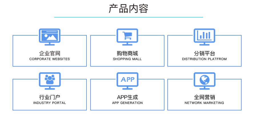 产品内容：企业官网、购物商城、分销平台、行业门户、APP生成、全网营销。