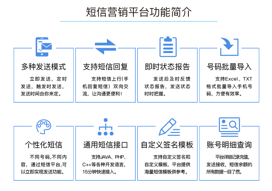 短信营销平台功能简介：多种发送模式、支持短信回复、即时状态报告、号码批量导入、个性化短信、通用短信接口、自定义签名模板、账号明细查询。