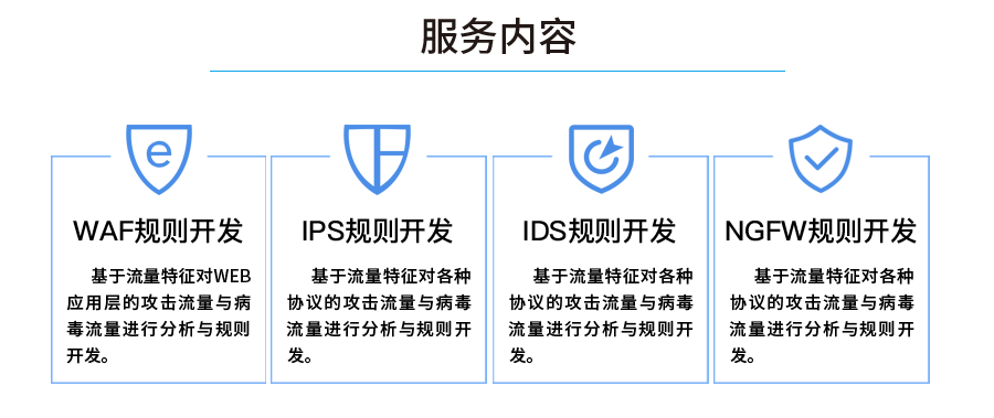 服务内容:WAF规则开发、IPS规则开发、IDS规则开发、NGFW规则开发。