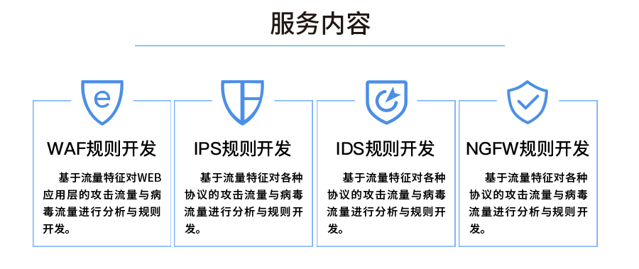 服务内容：WAF规则开发、IPS规则开发、IDS规则开发、NGFW规则开发。